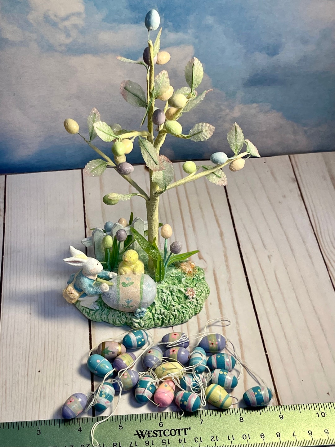 Mini Table Top Easter or Spring Tree Heavy Resin Base Easter Bunnies Decorating Eggs Decor