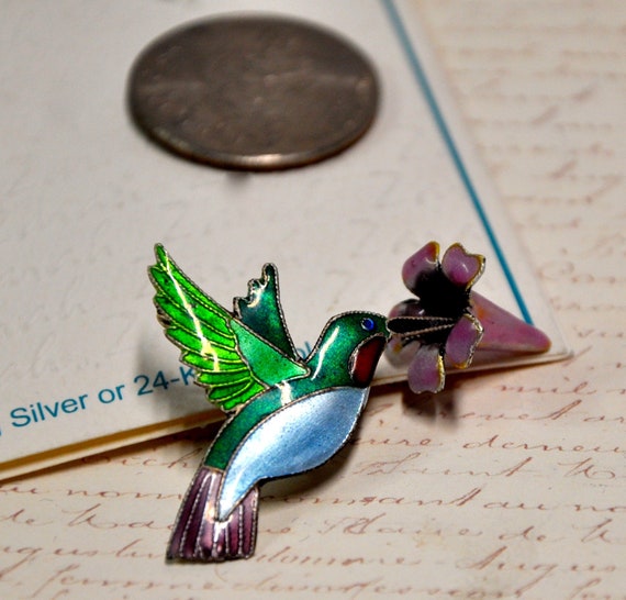 Zarah Hummingbird Flower Brooch Enamel over 925 S… - image 1