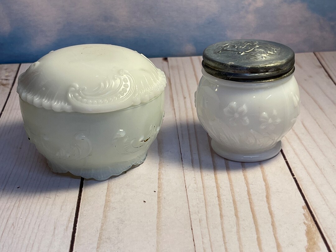 Antique Dithridge Co Opal Glass Puff Box & Antique Milk Glass Jar