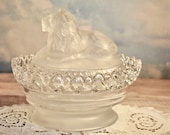 Stunning Lion Lidded Dish, Imperial Glass Attrbury Satin Linen, Crystal Clear Dish W Satin Bottom, Lion on Nest, Lacey Glass, Rare
