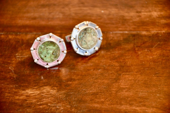 Green Agate Cufflinks Sterling Silver: Taxco Modernist Jewelry, Signed William Spratling