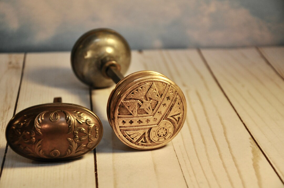 Set of Two Antique Bronze Door Knobs One Eastlake With Spindle Etsy