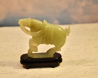 Antique Tang War Horse on Fitted Wood Stand Hand Carved Jade 19th Century Chinese Nephrite Jade Waring Horse Mini Figurine Collectible