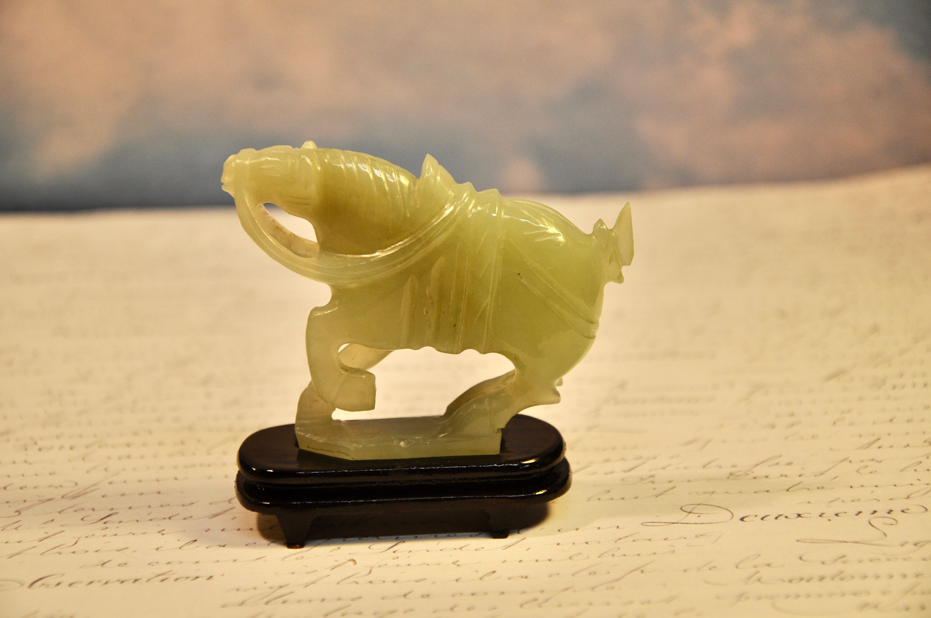 Chinese Nephrite Jade Tang Horse Figurine - Hand Carved Miniature on Wood Stand