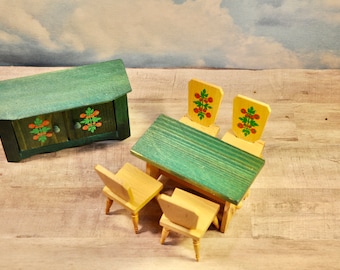 Dora Kuhn Dollhouse Furniture 6 Pc Set Germany 1940's 50's Solid Wood 4 Chairs Table Sideboard Hand Painted RARE Set Collectible