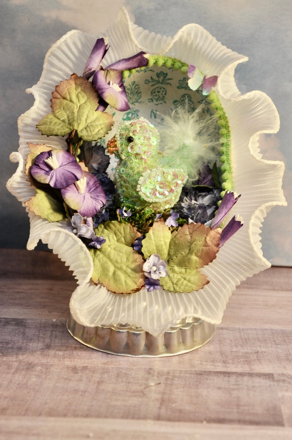 Easter Diorama German Paper Mache Egg Vintage Muffin Tin Base Handmade Paper Flowers & Pleated Ruffle Edge Easter Gift or Decor Chick