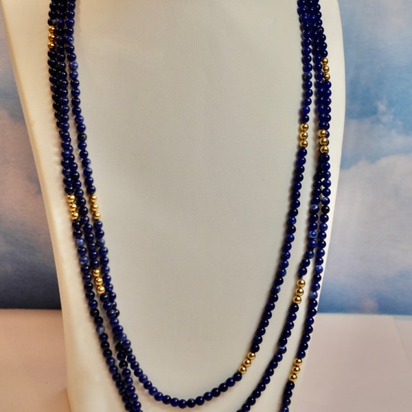 14K Gold and Lapis Lazuli Segmented Bead Necklace Custom Made in 1970's 71 Inches Long Rare One of A Kind Gift for Mother Gift for Her RARE