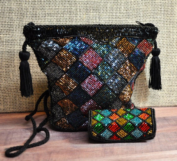 Carla Marchi Black Beaded Crossbody Clutch Handba… - image 1