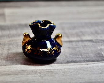 Limoges France Porcelain Cobalt Glue & Gold Gilded Miniature Mini Vase with Two Handles Ruffled Rim Rare Collectible Wonderful Gift