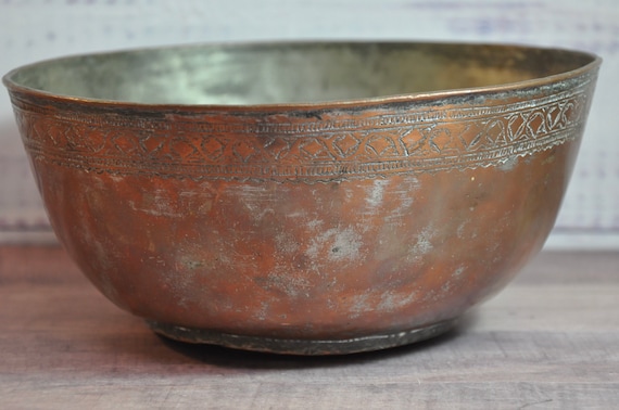 Antique Tinned Copper Bowl: Engraved Egyptian Moroccan Decor - Etsy