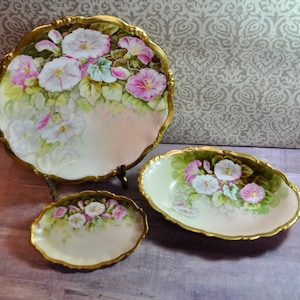 Antique P&B Elite Limoges China 3 Piece Set Lg Plate/Platter and 2 Oval Matching Dishes Artist Signed L Bart RARE Set Exquisite Gift For Her