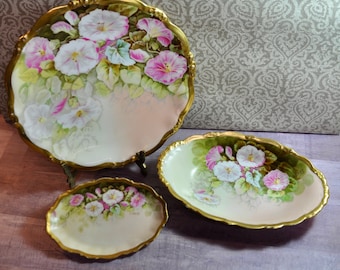 Antique Limoges Tableware Set: Hand-Painted Morning Glories, Artist Signed