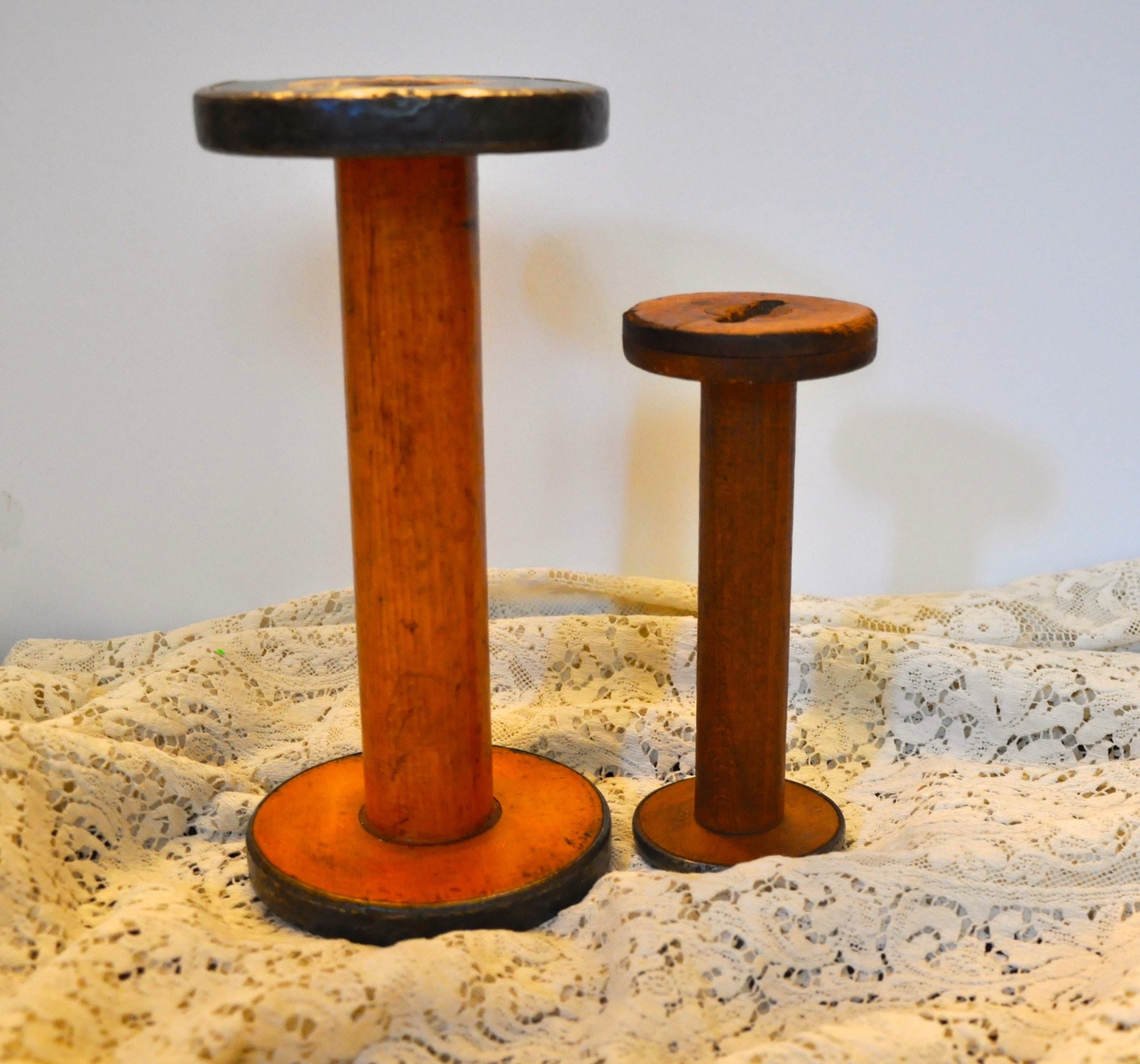 primitive vintage wood spool & yarn spindle bobbins, old weaving