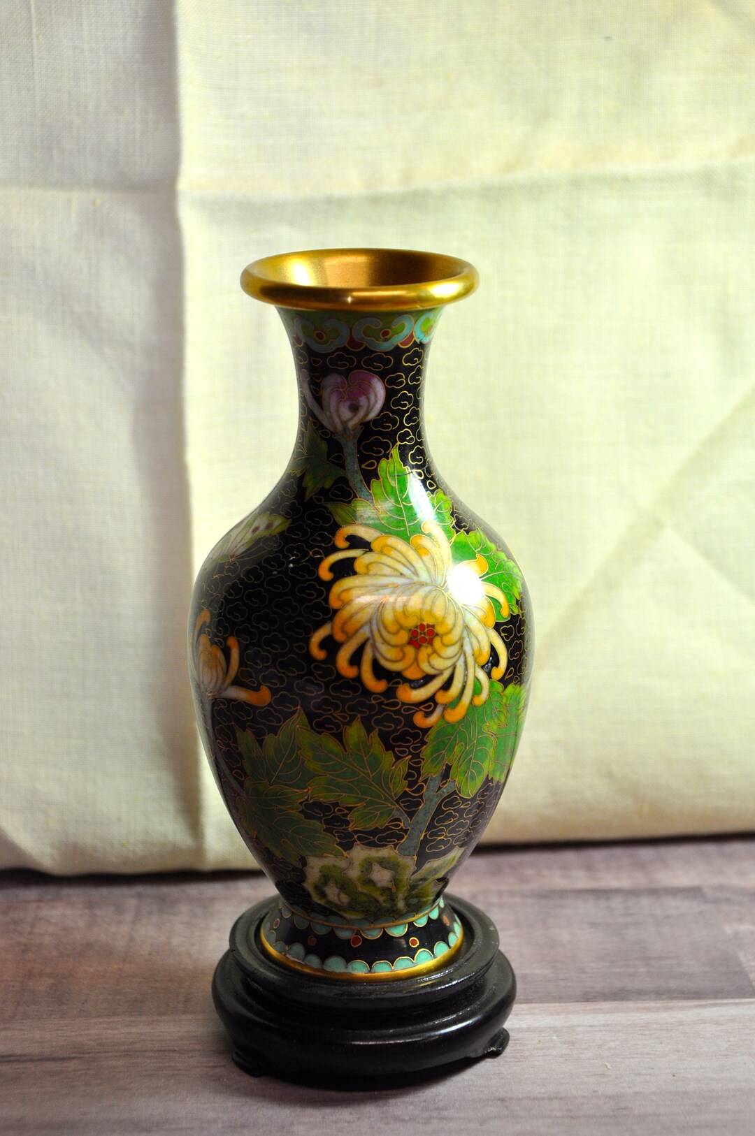 Vintage Cloisonne Enamel Vase Yellow Mums Black Enamel Background