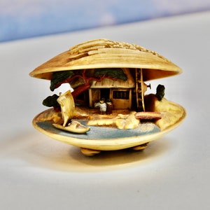 Vintage Celluloid Diorama Clam Shell Asian Home River Boat Tree Water Wheel Intricate Carved Detail Collectible Home Office Decor