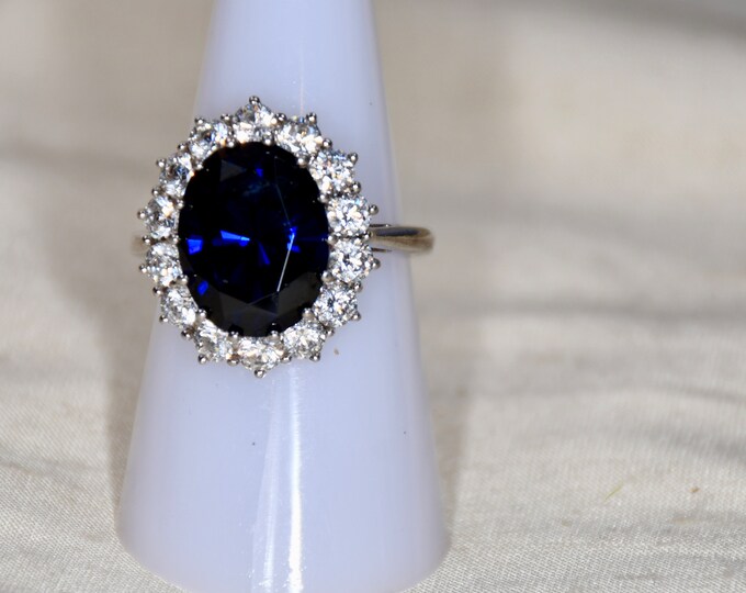 Princess Diana Engagement Ring Replica by KJL Lab Grown Royal Blue Sapphire Surrounded