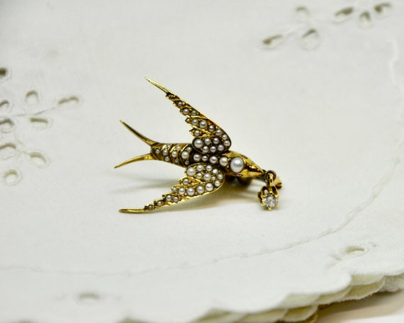 Antique Victorian 14K Gold Swallow Brooch Encrusted With - Etsy