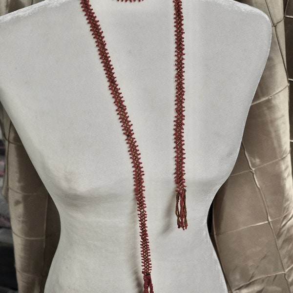 Antique Art Deco 1920s Red & Gold Czech Facet Cut Glass Seed Beaded 54” Flapper Tassel Necklace Sautoir Beaded Belt Gift for Her Rare