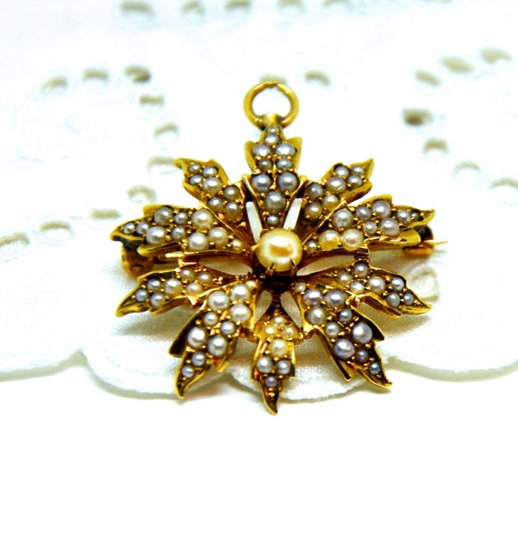 Victorian 14K Gold Natural Seed Pearl Encrusted B… - image 2