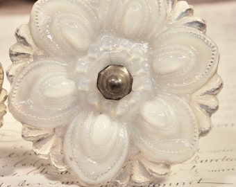 Antique Victorian Opalescent Glass Curtain Tie Back Original Hardware Pewter Glass Opalescent White