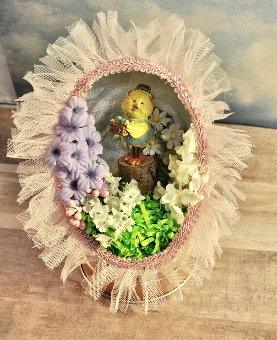 German Paper Mache Easter Egg Diorama: Handmade Chick, Flowers & Tulle