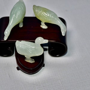 Rare Jade Geese Set of 3 & 3 Stands) Hand Carved Geese Made in China Superb Details Authentic Exceptional Gift for Him 1930s Gift for Her