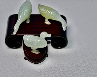 Figuritas de gansos de jade vintage de la década de 1930: arte chino tallado a mano, juego de 3