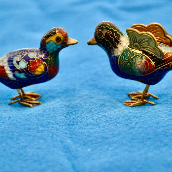 Set of Cloisonné Miniature Duck Figurines Chinese Circa 1940 Lucky Gift Bright Enamel Colors Mint Condition Original Box