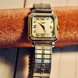 14K Solid White Gold Longines Mens Wristwatch C1950 Swiss Movement Wrist Watch 12 Diamond Dial 17 Jewels Gift for Him RARE Collectible