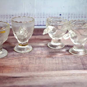 Vintage Figural Pressed Glass Egg Cups: Chicken, Goose, Bird - Set of 4