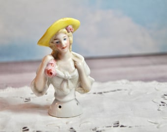 Antique Porcelain Half Doll: Hand-Painted German Pin Cushion Figurine