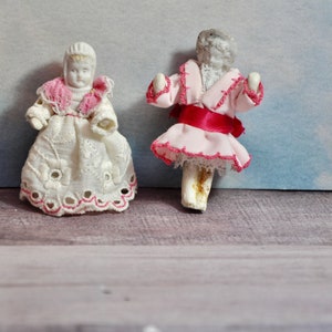 2 Antique All Bisque Mini Bonnethead Dolls German Frozen Charlotte with Articulated Arms Rare 2.50" T Collectible New Clothing Baby & Child