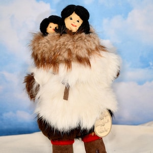 Authentic Mother And Baby Alaskan Native Eskimo Folk Art Doll Handmade Real Beaver & Seal Parka Artist Signed Gift for Her Collector Doll
