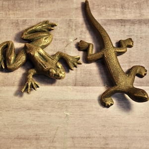 May include: Two bronze animal figurines: a frog and a lizard. The frog is in a crouching position, while the lizard has an elongated body and tail. Both are detailed with textured surfaces.