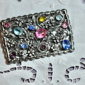 Antique Art Deco Neiger Brothers Brooch: Czech Glass Rhinestone Pewter Filigree