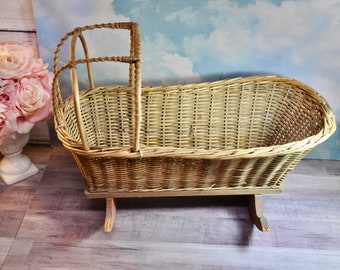 Antique Wicker With Wood Rockers and Base Baby Doll Cradle Circa 1918 Square Nails Collectible Amazing Condition Solid RARE Gift for Her