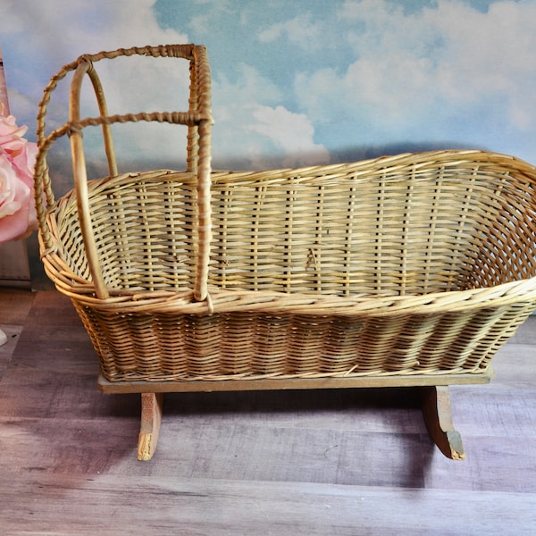 Antique Wicker With Wood Rockers and Base Baby Doll Cradle Circa 1918 Square Nails Collectible Amazing Condition Solid RARE Gift for Her