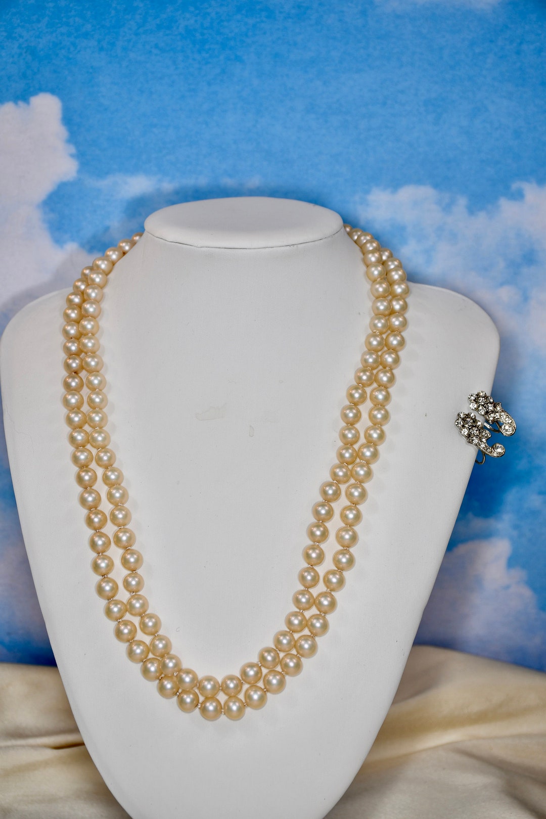 Vintage Double Strand Pearl Necklace & Crystal Earrings Set Wedding ...