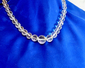 Authentic Rock Crystal Faceted Graduating Bead Necklace 19" Long White Gold Filled Clasp Bridal Necklace Choker Necklace Collectible