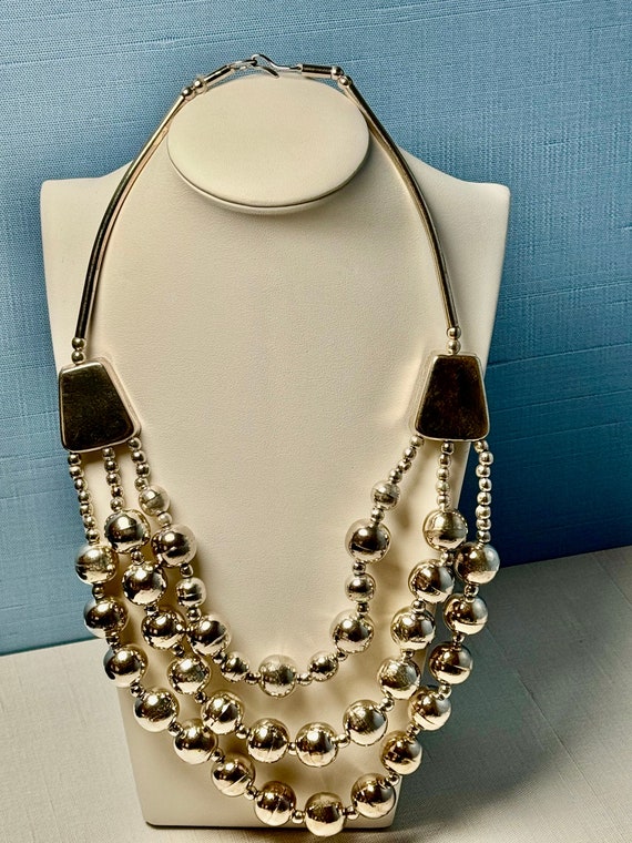 Vintage Taxco Sterling Silver Bench Bead Necklace: Handmade Triple Strand MCM