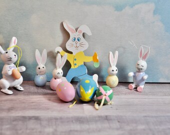 Vintage Miniature Easter Ornaments Wood Bunnies & Eggs All Hand Painted Circa 1950's 10+ Pieces Easter Lot Easter Decor Erzgebirge