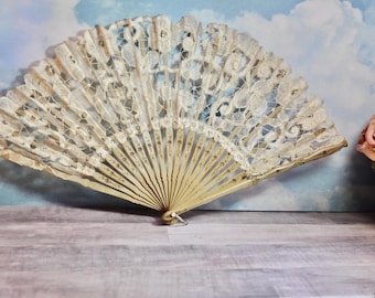 Antique Brussels Lace Hand Fan: Sandalwood Ribs, Mother of Pearl Rivets, Circa 1910