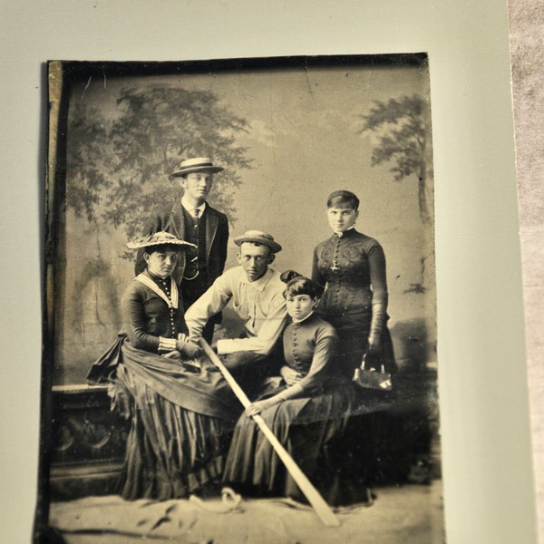 Antique Tintype Photo Young People Posing with Long Boat Ore Three Ladies and Two Gentlemen 1800's  2.50" X 3.50" Collectible Ephemera OOAK