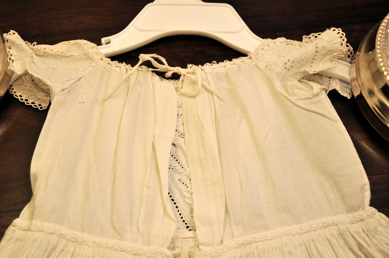 Antique Christening Gown Very Long 44 English With Tucks and Broderie Anglaise Hand Needlework