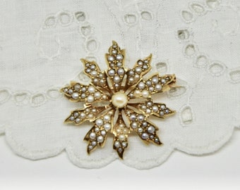 Antique Natural Seed Pearl Encrusted Brooch or Pendant Solid 14K Gold Heirloom Victorian Bride Something Old Gift for Her Birthday Gift RARE
