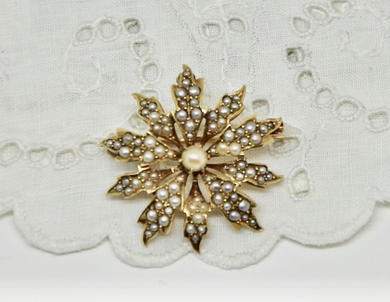 Victorian 14K Gold Natural Seed Pearl Encrusted B… - image 1