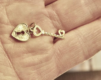 Heart Lock & Key Charm or Pendant Set Solid 14K Yellow Gold New Old Stock Gift For Her New Old Stock Pendant Necklace or Bracelet Rare