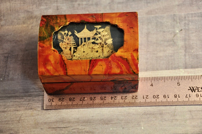 Chinese Jewelry or Trinket Box With Cork Art Diorama on Lid Lacquered Wooden Box Red Silk Lining Chinese Village Diorama Handmade Vintage image 7