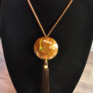 Cloisonné Enamel Large Rich Earth Brown Background Birds Gold Wire Round Puff Pendant Silk Cord & Tassel Gift For Her Statement Necklace