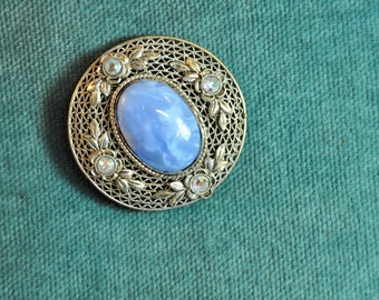 Antique Gilt Filigree Brooch Blue Czech Glass Cabochon Center Accented W/ Faceted Rhinestones Ornate Design Silver Czech Signed Groom Brooch